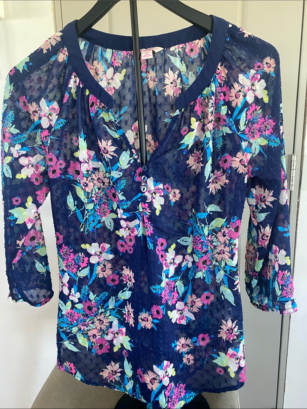 Candie's Navy Floral Top with Pink and Teal Accents